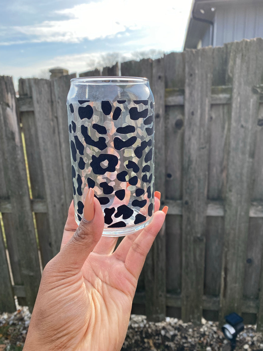 Can Glass-  Cheetah Print (Shimmer black)